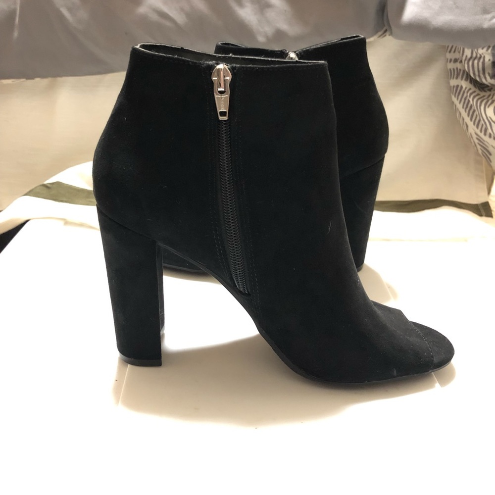 Black suede open toe heeled boots